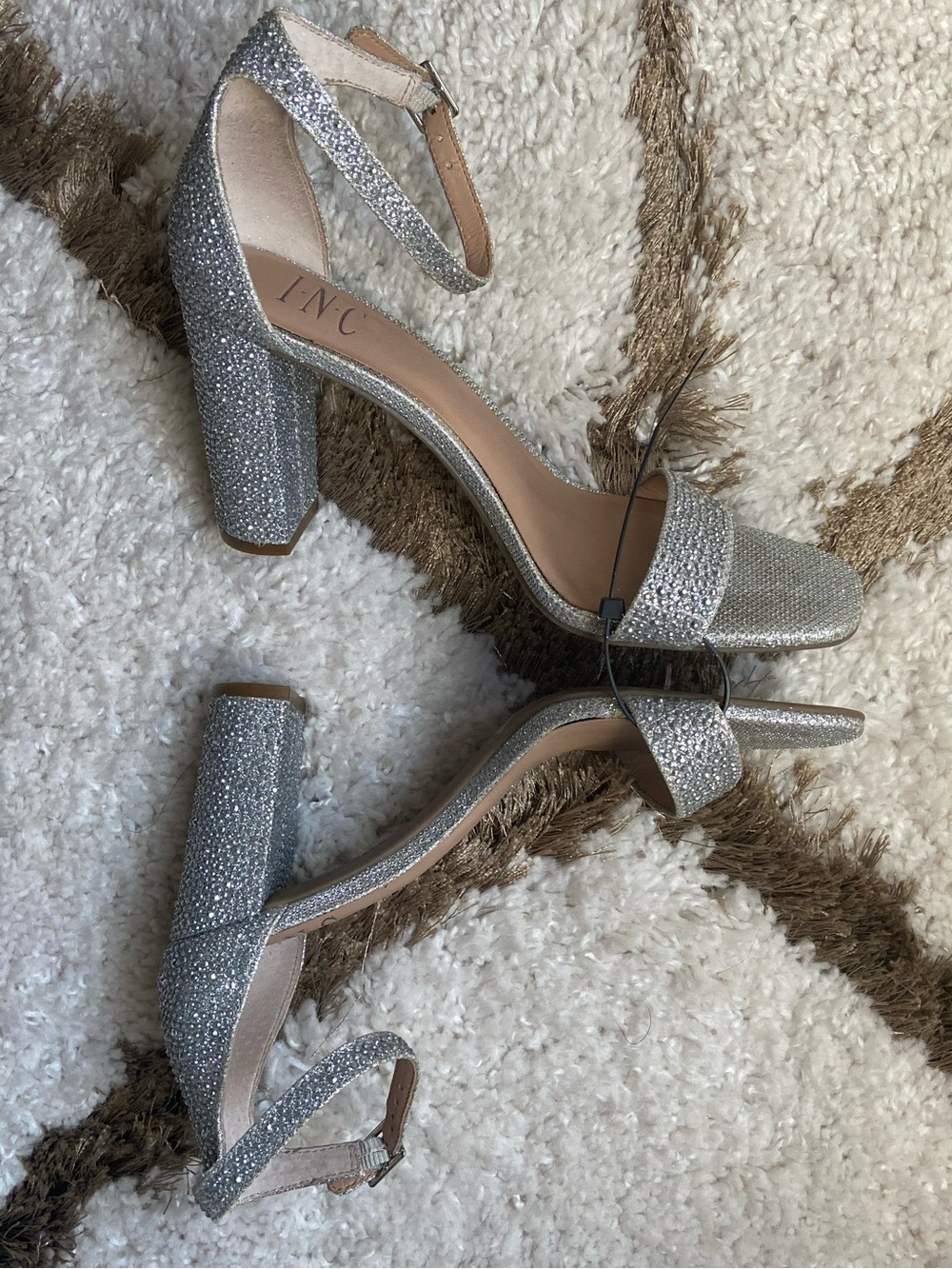 INC International Concepts Sparkling Silver Ankle Strap Sandal Block Heels 6.5M - Picture 2 of 4